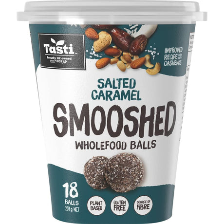 Delicious Tasti Smooshed snack balls featuring salted caramel and almond, perfect for a healthy on-the-go snack.