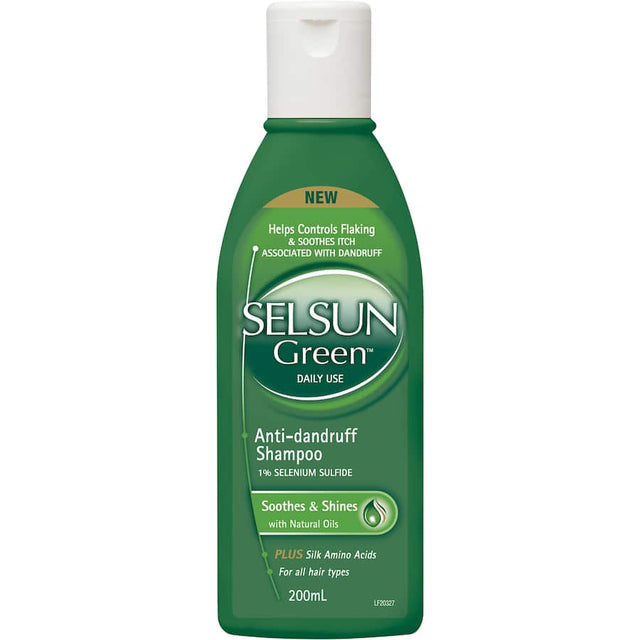 Selsun Green Anti-Dandruff Shampoo with menthol, peppermint, and nourishing oils for flake-free, healthy hair.