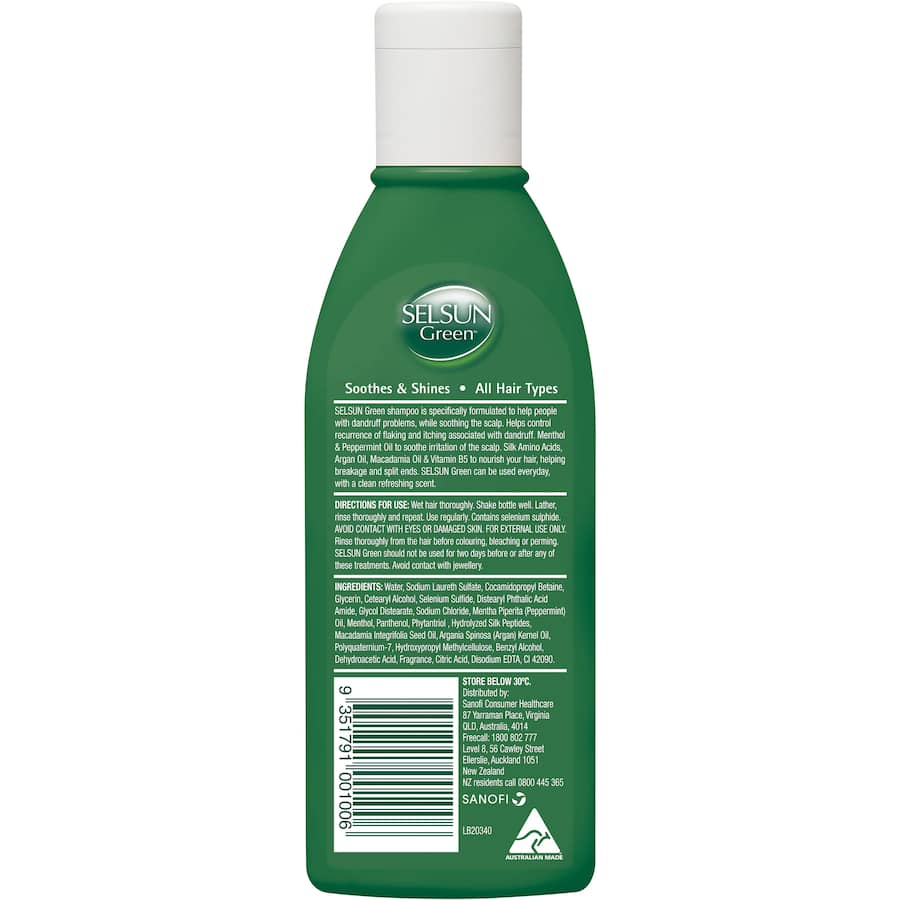 Selsun Green Anti-Dandruff Shampoo with selenium sulfide for flake control, infused with oils for soothing nourishment.