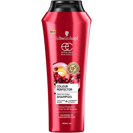 Schwarzkopf Extra Care Shampoo Colour Perfector for vibrant, highlighted hair with deep repair and color protection in eco-friendly packaging.