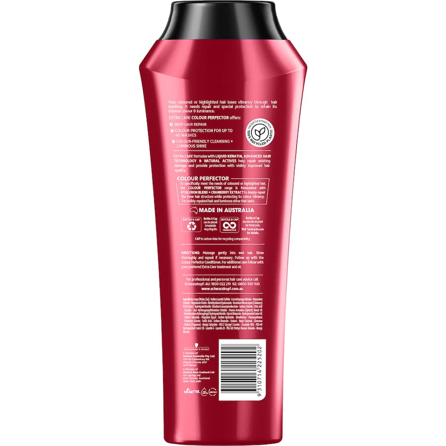 Schwarzkopf Extra Care Shampoo Colour Perfector for vibrant, nourished hair, combining Hyaluron Blend and Cranberry Extract.