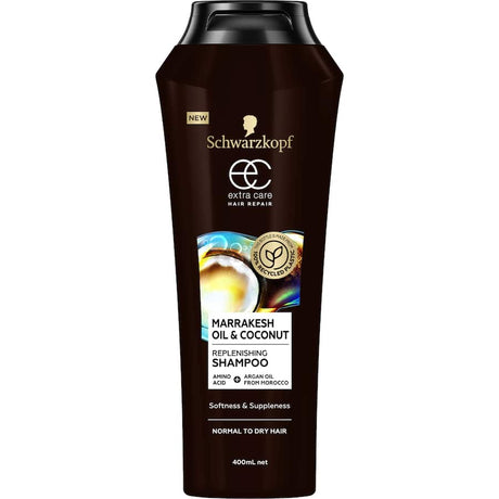 Schwarzkopf Extra Care Shampoo with Marrakesh Oil and Coconut, designed for soft, nourished hair, in a recycled plastic bottle.