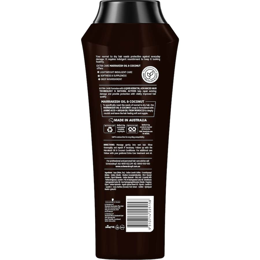 Schwarzkopf Extra Care Shampoo with Marrakesh Oil & Coconut for nourishing and softening normal to dry hair.