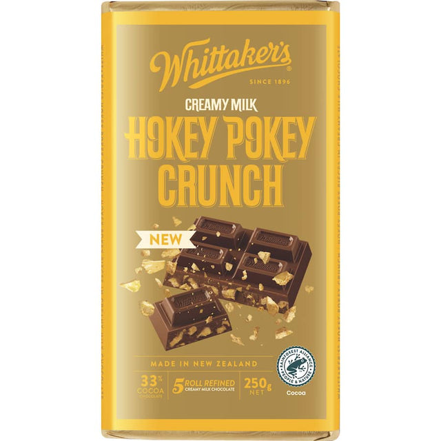 Whittaker's Hokey Pokey Crunch: creamy 33% cocoa chocolate with crunchy honeycomb in a 250g block, perfect for sharing.