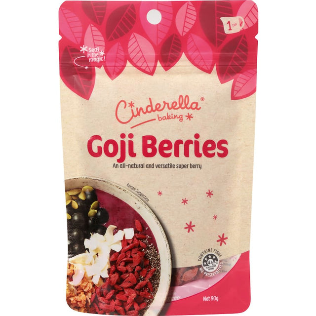 A resealable pouch of Cinderella Goji Berries, a nutrient-rich superfood perfect for snacking, baking, or enhancing meals.