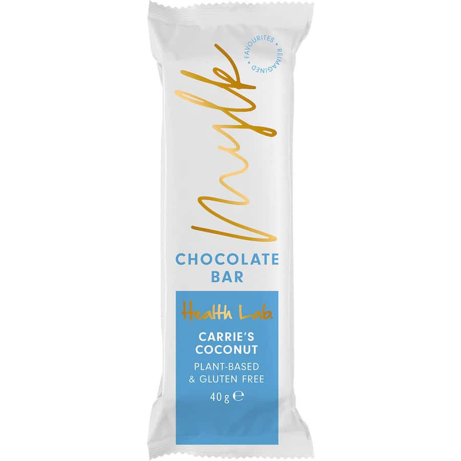 Health Lab Chocolate Bar Carrie's Coconut Mylk: dairy-free mylk chocolate with creamy coconut filling for guilt-free indulgence.