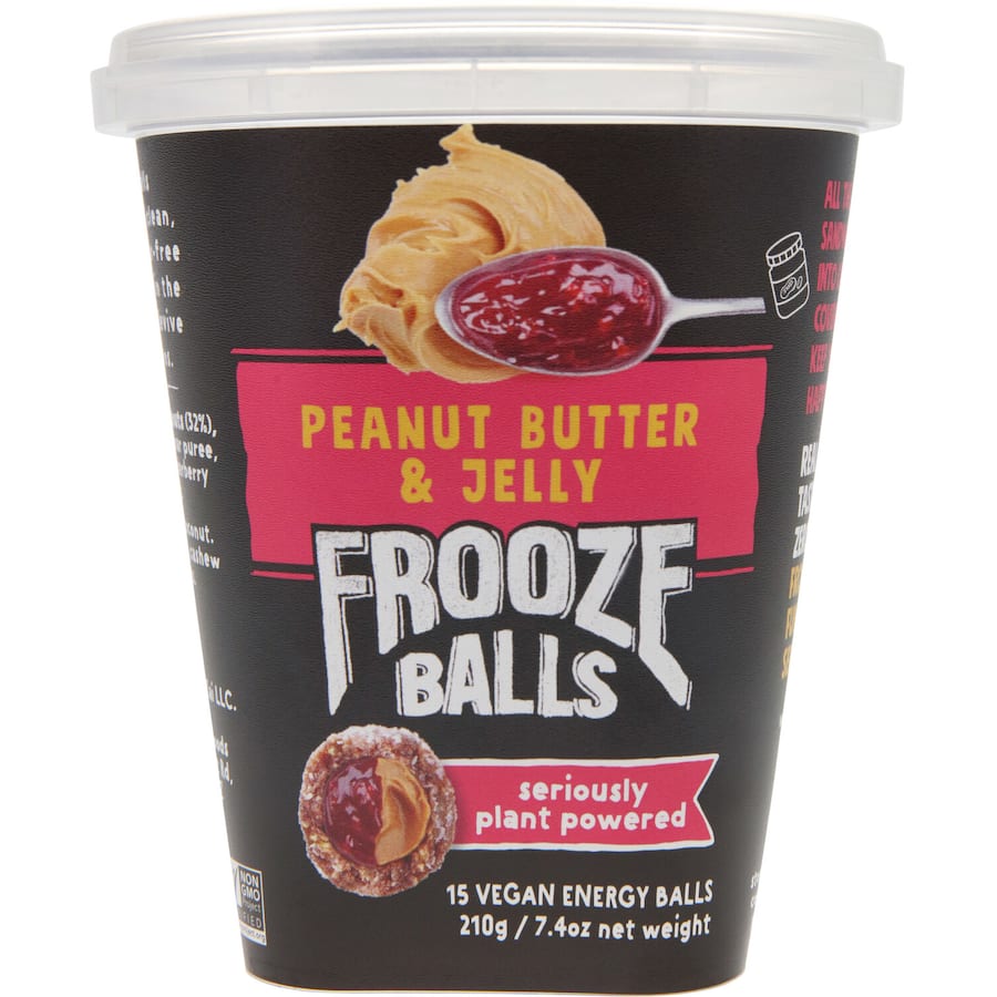 Frooze Balls in Peanut Butter & Jelly flavor, coconut-covered snack balls packed with real fruit and nuts.