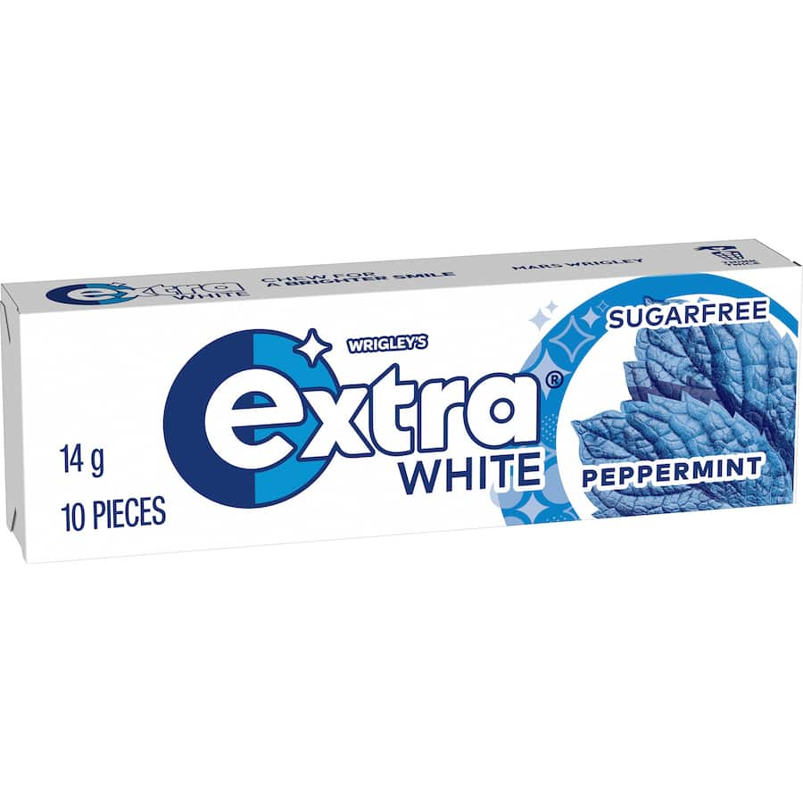 Wrigley’s Extra White Chewing Gum, sugar-free peppermint gum enhancing oral health and freshening breath on the go.