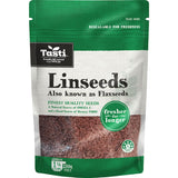 Premium Tasti Linseed in re-sealable pouch, rich in omega 3 and dietary fiber for healthy nutrition.