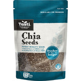 Tasti Chia Seeds in a re-sealable pouch, offering omega-3s and fiber for heart health and versatile nutrition.