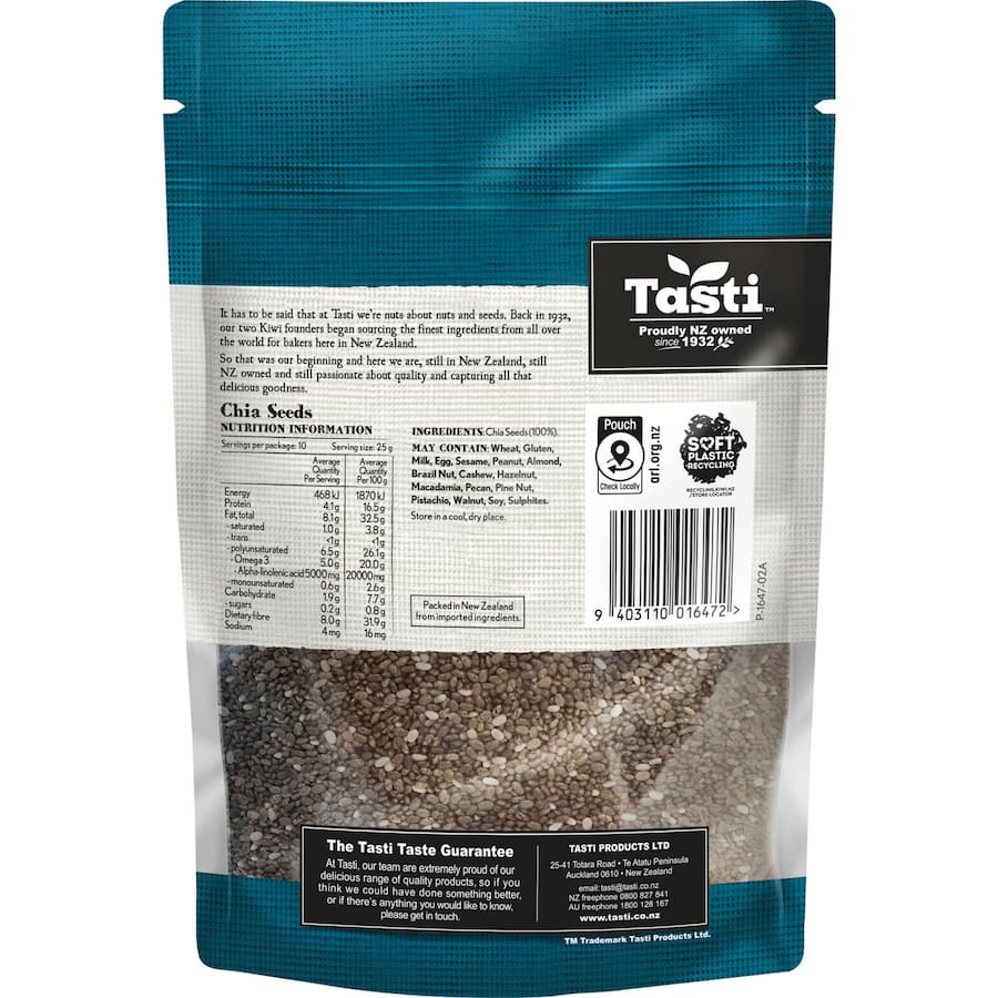 Tasti Chia Seeds in a resealable pouch, a superfood rich in omega-3 and fiber for enhanced nutrition and versatile uses.