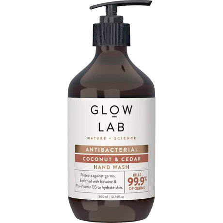 Glow Lab Antibacterial Hand Wash features coconut and cedar scents, hydrating ingredients, and protects against 99.9% of germs.
