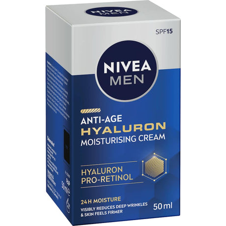 Nivea Face Moisturising Cream SPF 15 with Hyaluronic Acid, anti-aging, reduces wrinkles, hydrates skin, and offers sun protection.