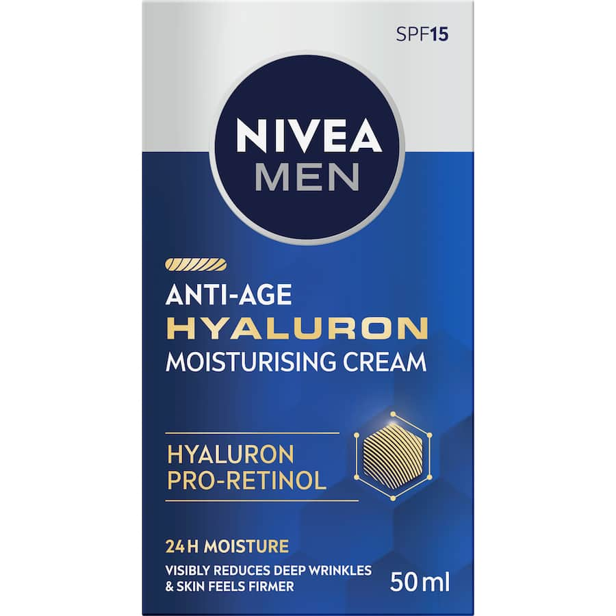 Nivea Men Face Moisturising Cream SPF 15, enriched with Hyaluronic Acid, firms skin and reduces wrinkles for younger-looking skin.