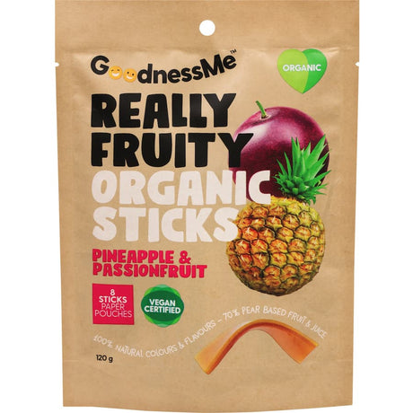 Organic fruit sticks with tropical pineapple and passionfruit flavor, perfect for healthy snacking on the go.