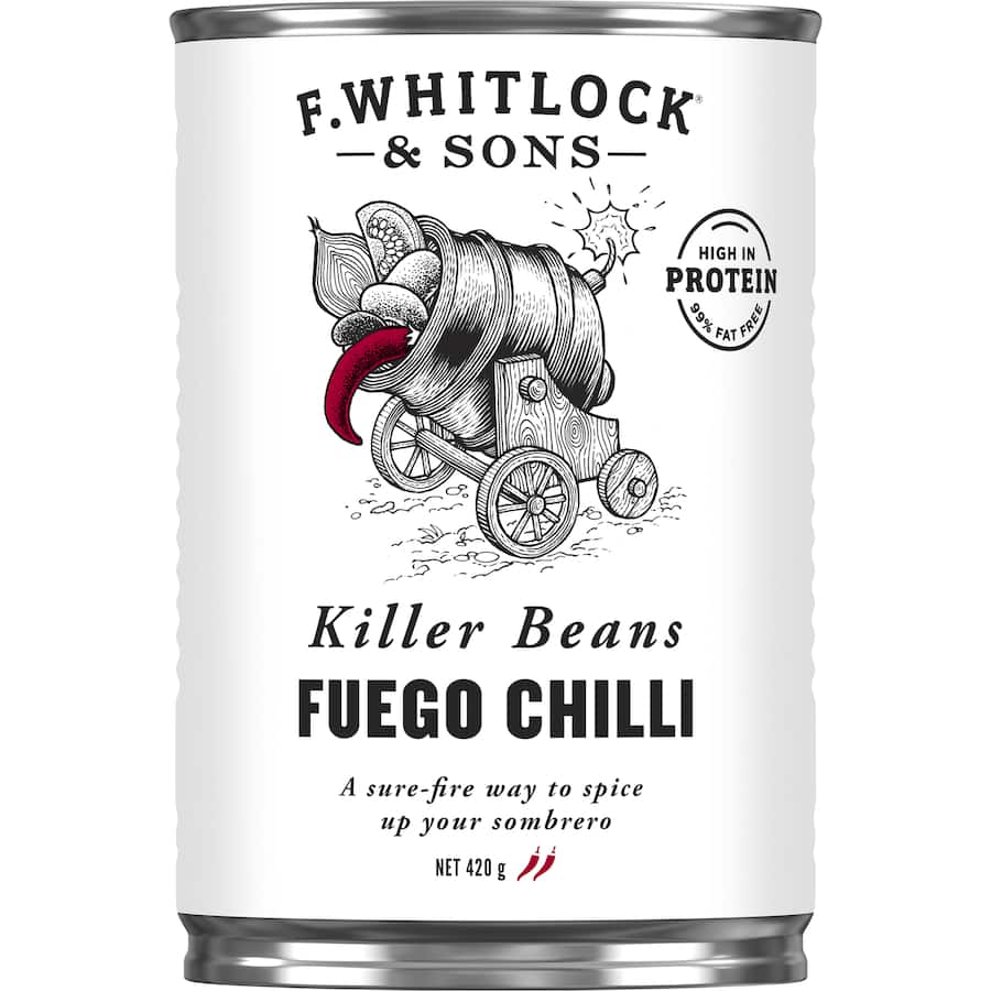 F Whitlock & Sons Killer Beans Fuego Chilli in tomato sauce, packed with protein and spicy chilli for delicious Mexican dishes.