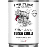 F Whitlock & Sons Killer Beans Fuego Chilli in tomato sauce, packed with protein and spicy chilli for delicious Mexican dishes.