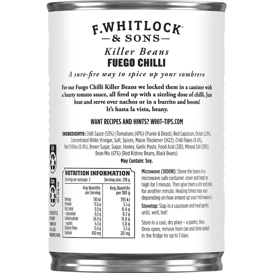 F Whitlock & Sons Killer Beans Fuego Chilli in tomato sauce, packed with protein and spicy chili for a flavorful meal boost.