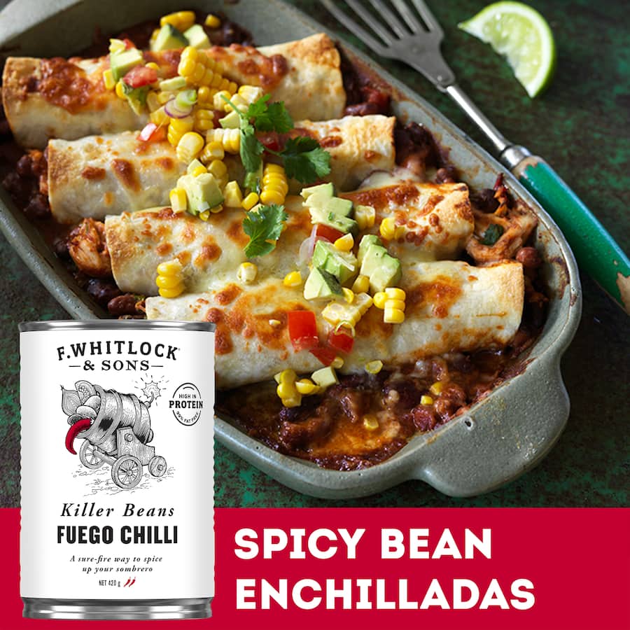 Hearty beans in spicy tomato sauce, perfect for tacos, nachos, and burritos, packed with protein and 99% fat-free.