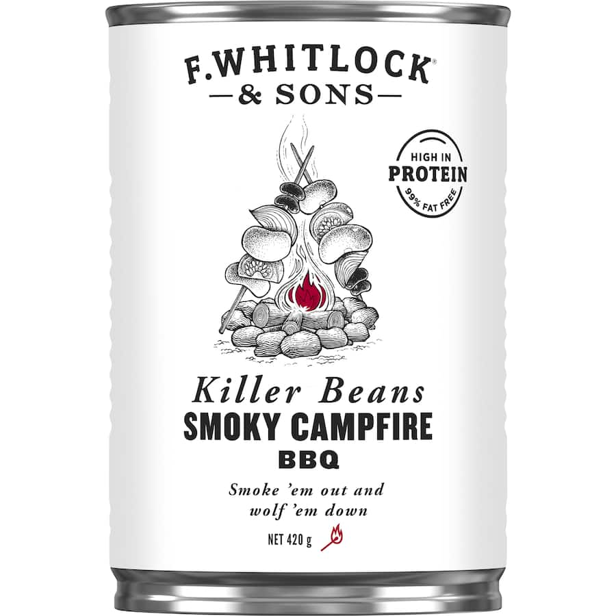 F Whitlock & Sons Killer Beans: High-protein beans in smoky BBQ sauce, perfect for a campfire-inspired meal.