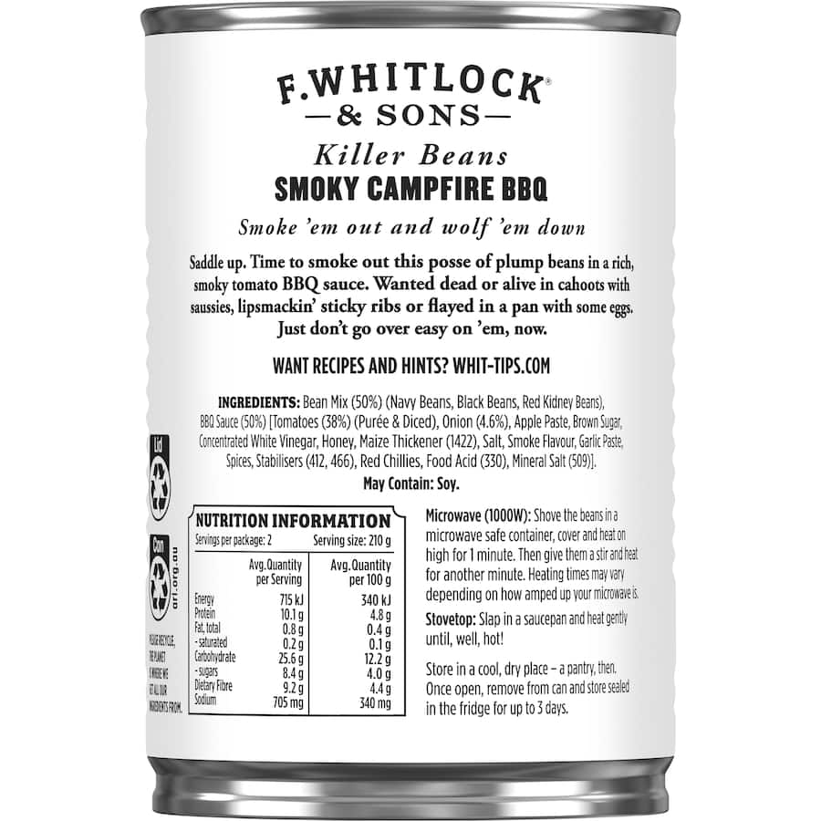 F Whitlock & Sons Killer Beans in smoky BBQ sauce, high-protein, versatile for breakfast or dinner, 99% fat-free.