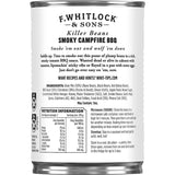 F Whitlock & Sons Killer Beans in smoky BBQ sauce, high-protein, versatile for breakfast or dinner, 99% fat-free.