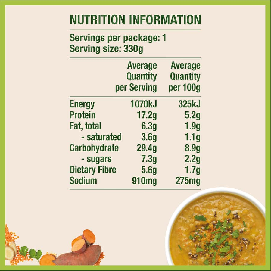 A comforting bowl of Wattie's Plant Proteinz Lentil & Roasted Kumara Soup, rich in plant protein and fiber, vegan-friendly.