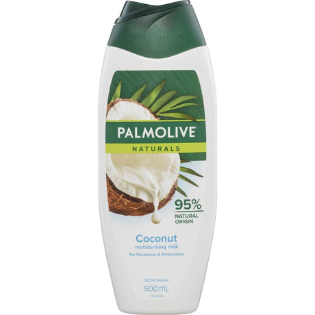 Palmolive Naturals Body Wash in a 500mL bottle, infused with 100% natural coconut extracts for hydrating and soothing skin care.
