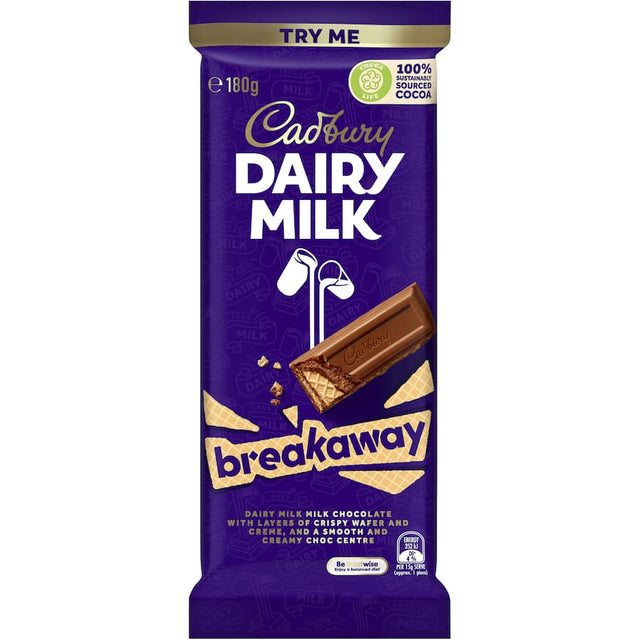 Cadbury Dairy Milk Breakaway: creamy chocolate bar with crunchy biscuit center, perfect for snacks or sharing.