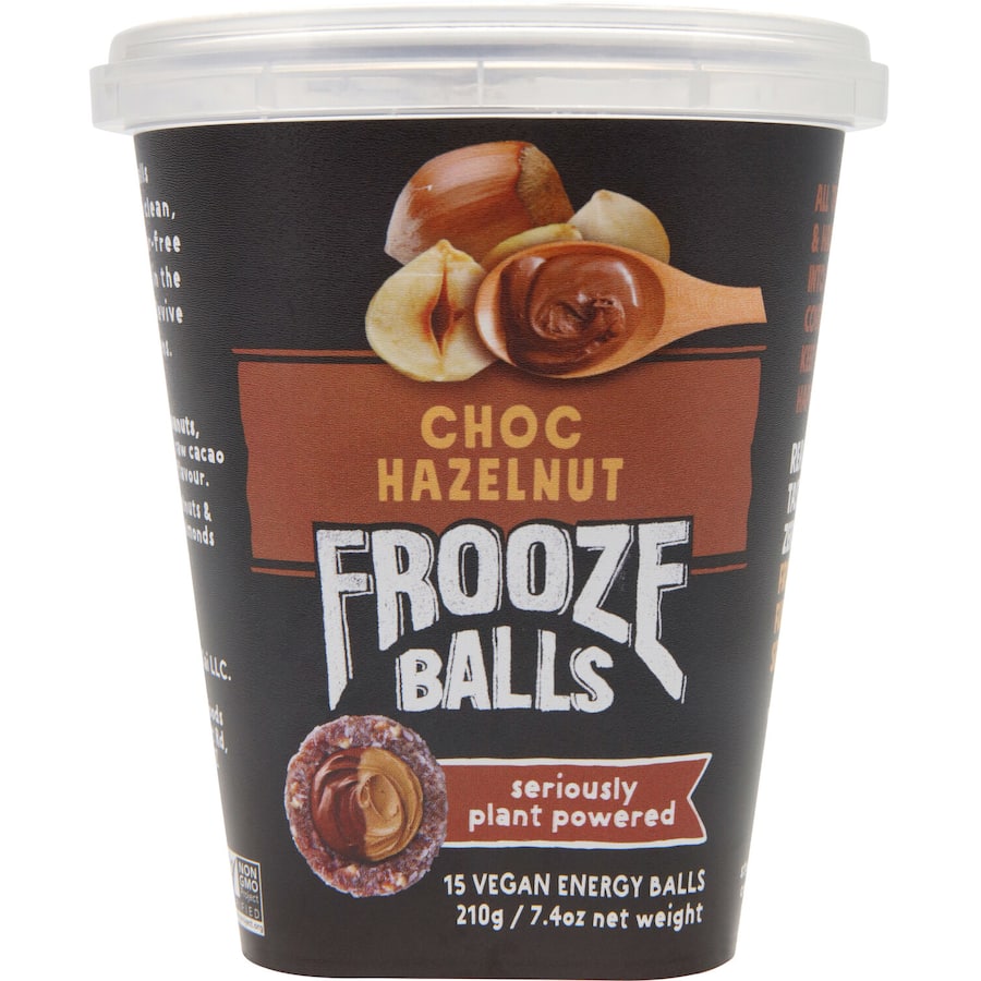 Frooze Balls Choc Hazelnut 210g offers a vegan snack with rich chocolate, crunchy hazelnuts, and coconut coating for guilt-free indulgence.