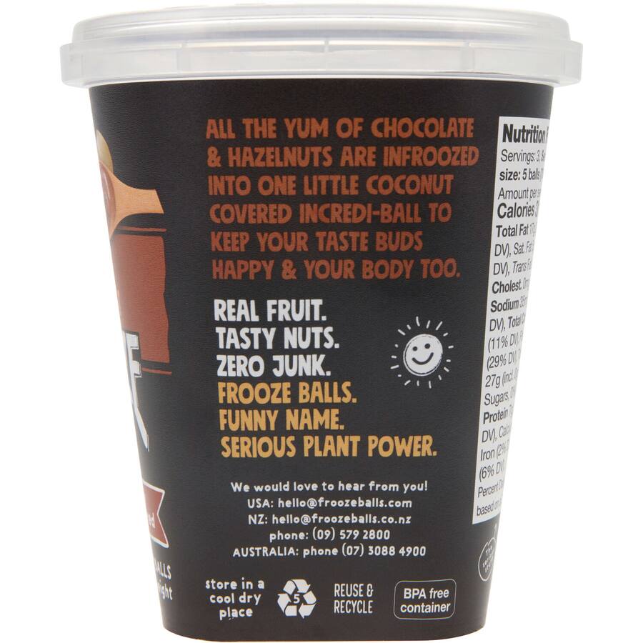 Frooze Balls Snack Balls Choc Hazelnut 210g, vegan, coconut-coated, rich chocolate, and crunchy hazelnuts, guilt-free treat.