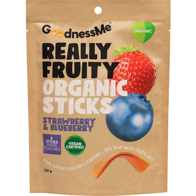 Organic strawberry and blueberry fruit sticks, chewy snacks for a healthy and tasty treat, free from artificial additives.