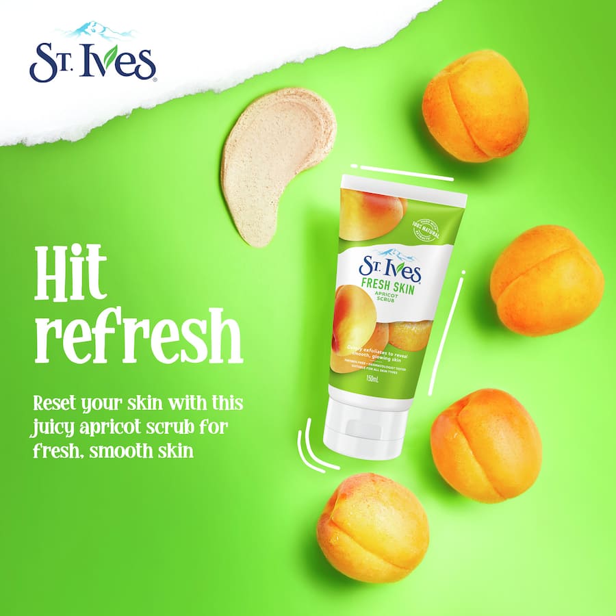 St Ives Invigorating Apricot Scrub, a gentle exfoliant with natural walnut shell and apricot extracts for radiant, smooth skin.