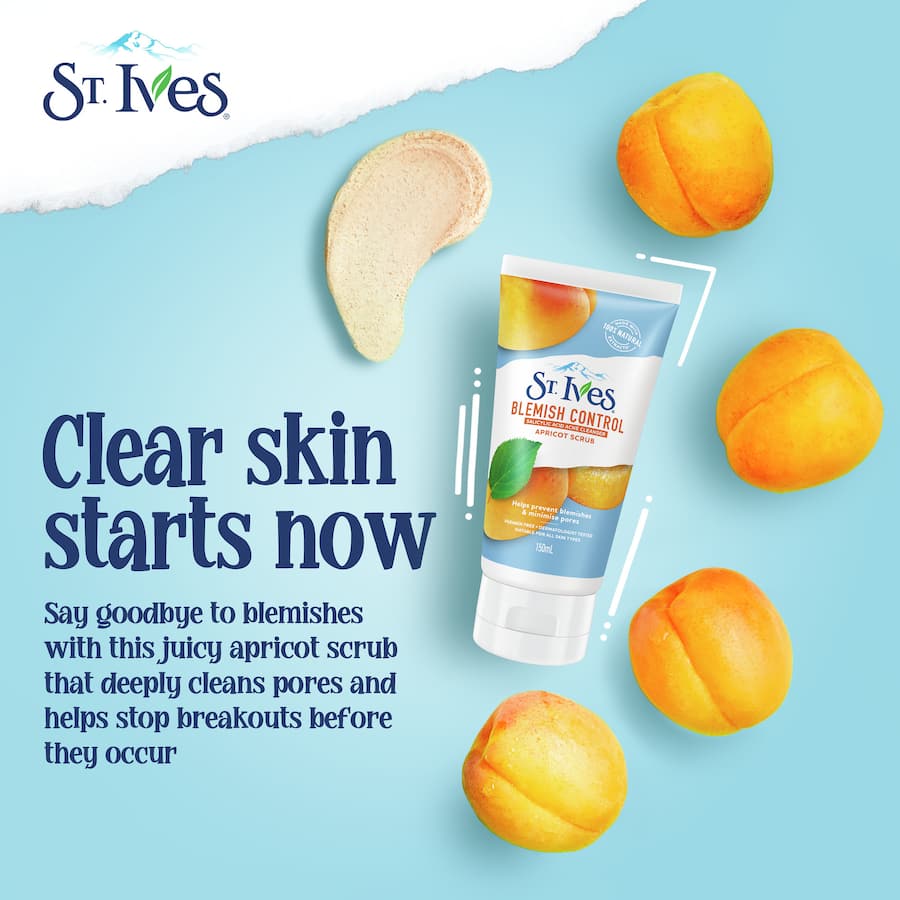 St Ives Acne Treatment featuring apricot and walnut shell exfoliant for clear, radiant skin and blemish prevention.