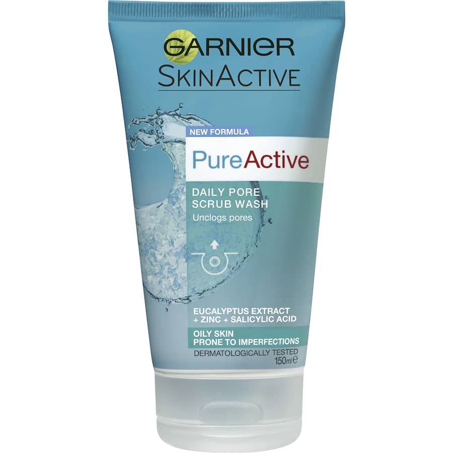 Garnier Skin Active Facial Cleanser: Purifying scrub for oily skin, enriched with Eucalyptus, Salicylic Acid, and Zinc.