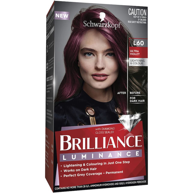 Schwarzkopf Brilliance L60 Ultra Violet hair dye in a tube, offering vibrant color, shine, and perfect gray coverage for lasting results.