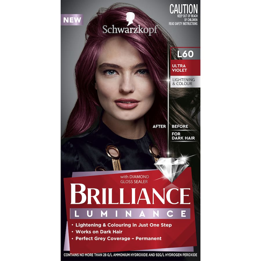 Vibrant Schwarzkopf Brilliance Hair Colour L60 Ultra Violet tube showcasing rich color and Diamond Gloss Sealer for healthy shine.