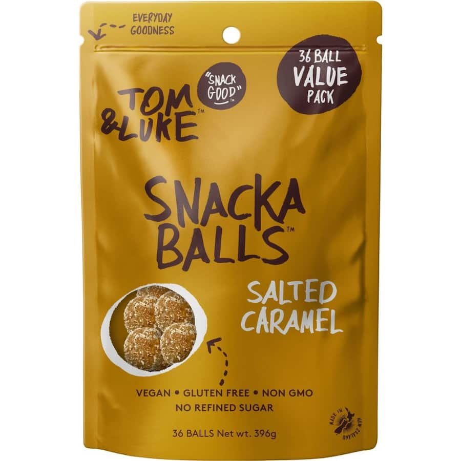 Tom & Luke Snack Balls Salted Caramel featuring dates, cashew nuts, and sea salt, a vegan protein-rich treat for guilt-free snacking.