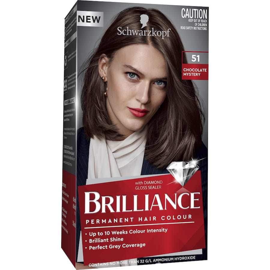 Schwarzkopf Brilliance 51 Chocolate Mystery hair dye: rich, vibrant color with shine and perfect grey coverage for up to 10 weeks.