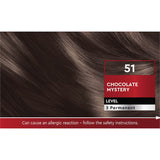 Rich chocolate hair color dye in tube, offering 10 weeks of vibrant shine and perfect grey coverage with nourishing ingredients.