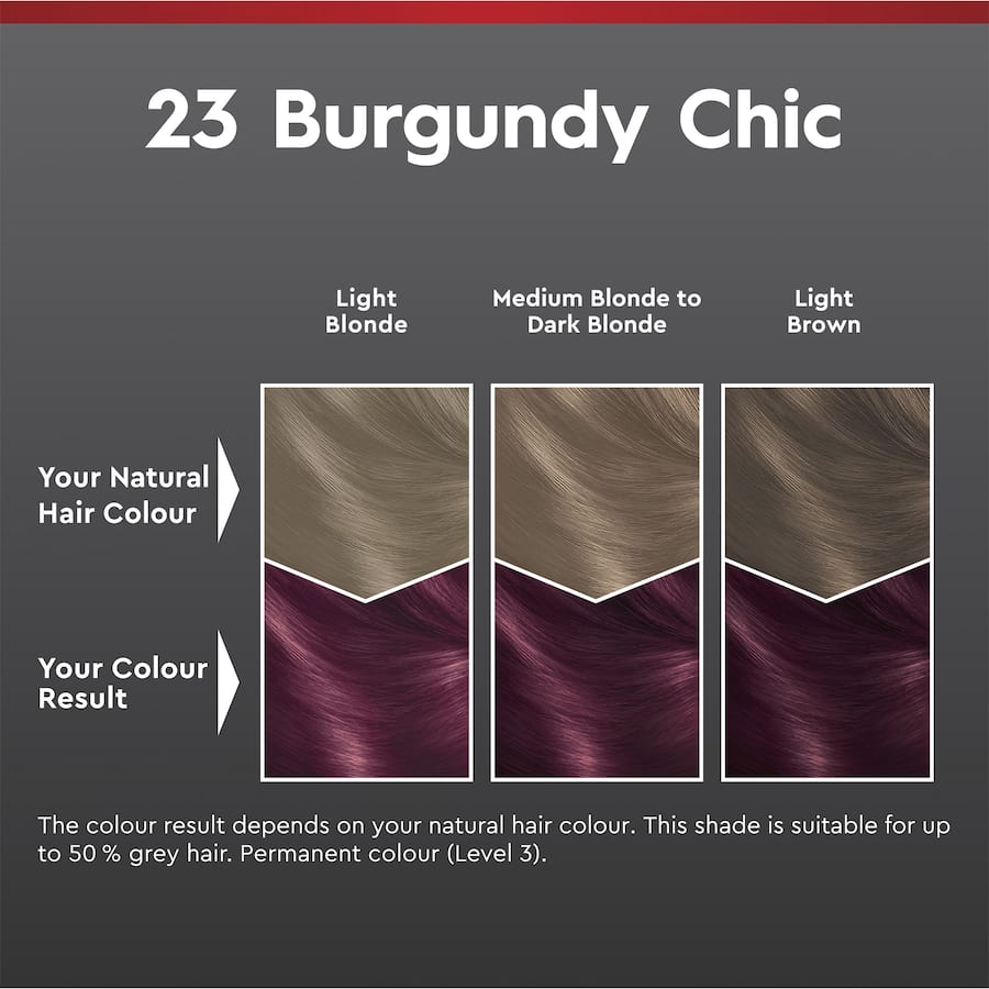 Schwarzkopf Brilliance Hair Colour 23 Burgundy Chic tube featuring vibrant burgundy shade, provides shine and grey coverage.