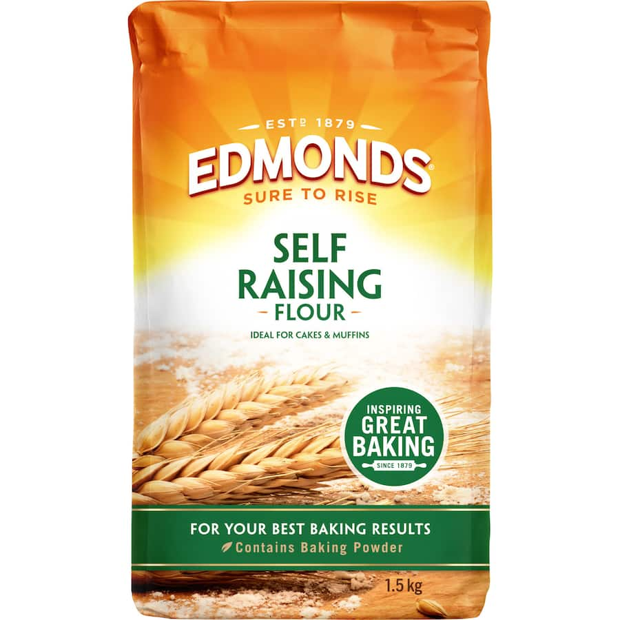 A bag of Edmonds Self Raising Flour, perfect for baking cakes, scones, and pancakes with effortless rise and texture.