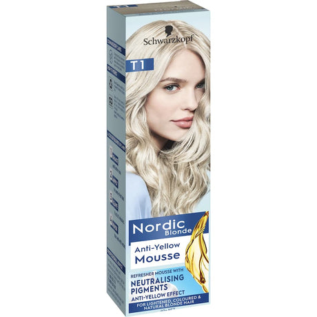 Lightweight vegan hair mousse revitalizing blonde and silver hair, neutralizing yellow tones for a glossy finish.