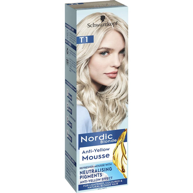 Lightweight vegan hair mousse revitalizing blonde and silver hair, neutralizing yellow tones for a glossy finish.