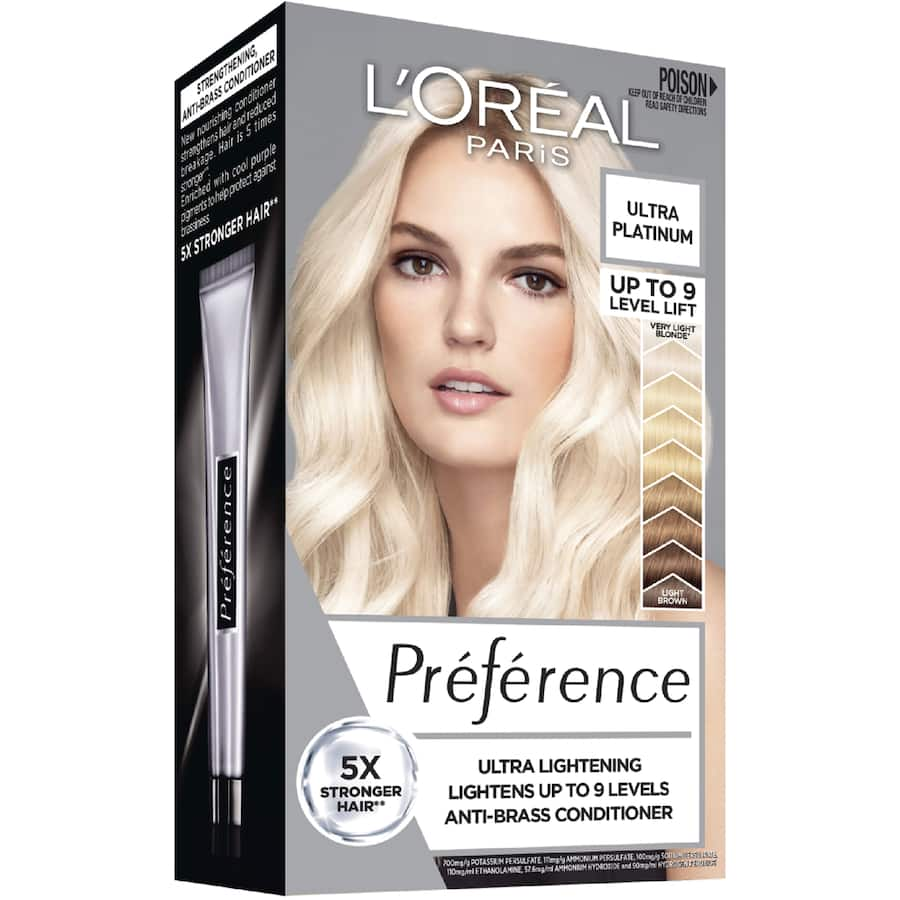 L'Oreal Paris Preference Hair Colour Bleach Ultra Platinum for stunning bright blonde hair with nourishing conditioner.