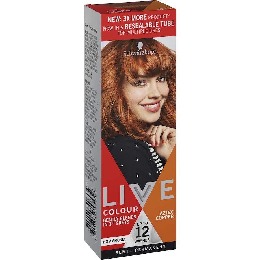 Vibrant Schwarzkopf Live Colour Hair Dye in Aztec Copper, delivering rich, shimmering copper tones for bold, creative styles.