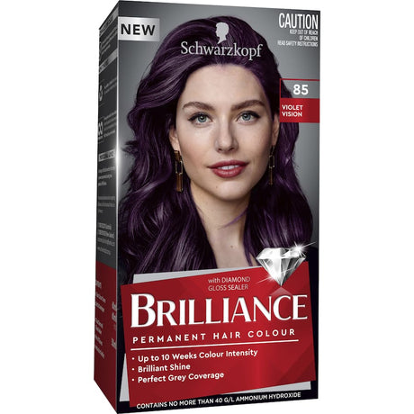 Schwarzkopf Brilliance 85 Violet Vision hair color packaging featuring vibrant violet hue and nourishing Diamond Gloss Sealer.