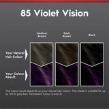 Schwarzkopf Brilliance 85 Violet Vision, a vibrant hair color with long-lasting shine and perfect grey coverage in easy tube packaging.