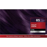 Schwarzkopf Brilliance 85 Violet Vision hair color tube, featuring vibrant violet hue, grey coverage, and nourishing Diamond Gloss Sealer.