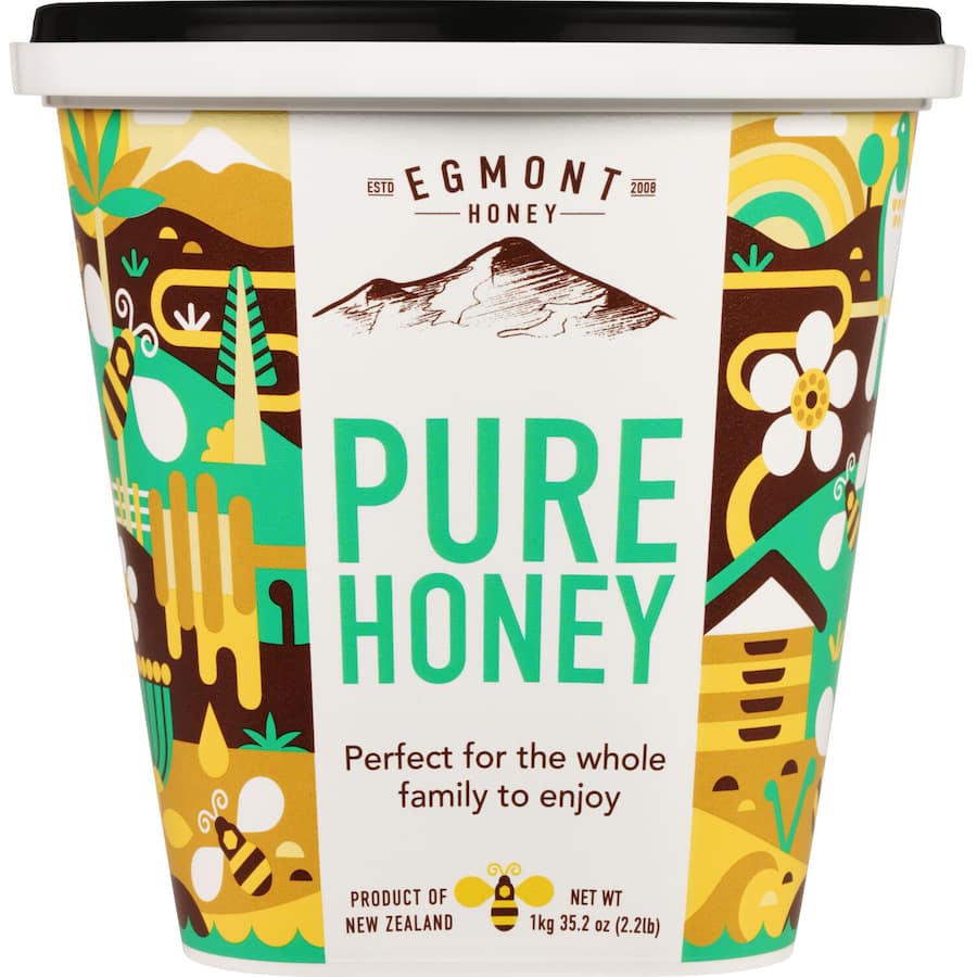 Egmont Pure Honey in a jar, showcasing its creamy texture and natural richness sourced from New Zealand's native forests.